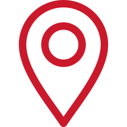 A red map pin icon on a black background.