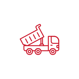 Red construction dump truck icon on a white background