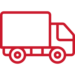 Outline of a delivery truck with a cargo box and cab in red.