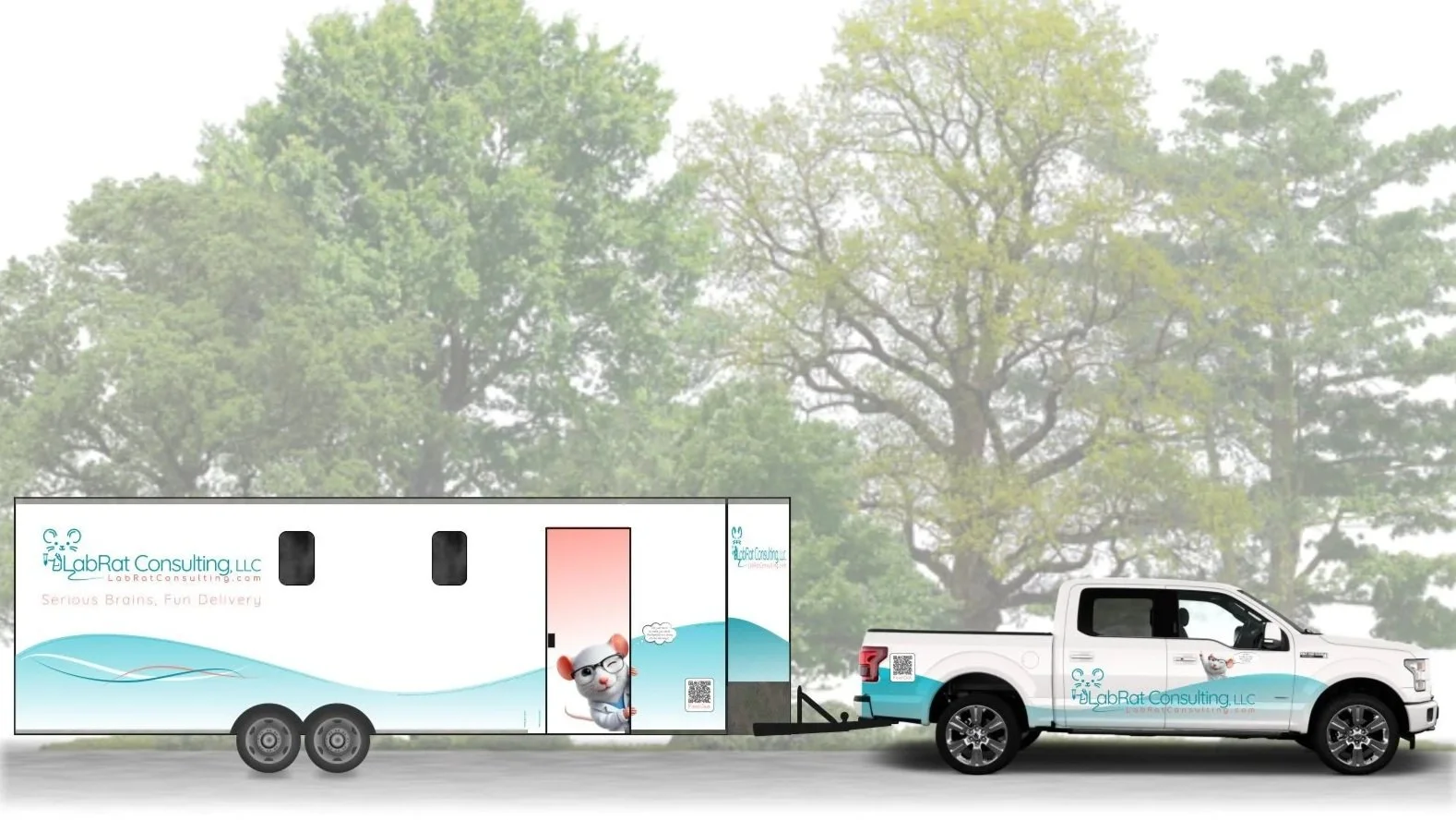 A white towing truck attached to a mobile veterinary clinic trailer labeled 'LabRat Consulting, LLC' with a cartoon rat mascot on the side, parked in front of green trees.