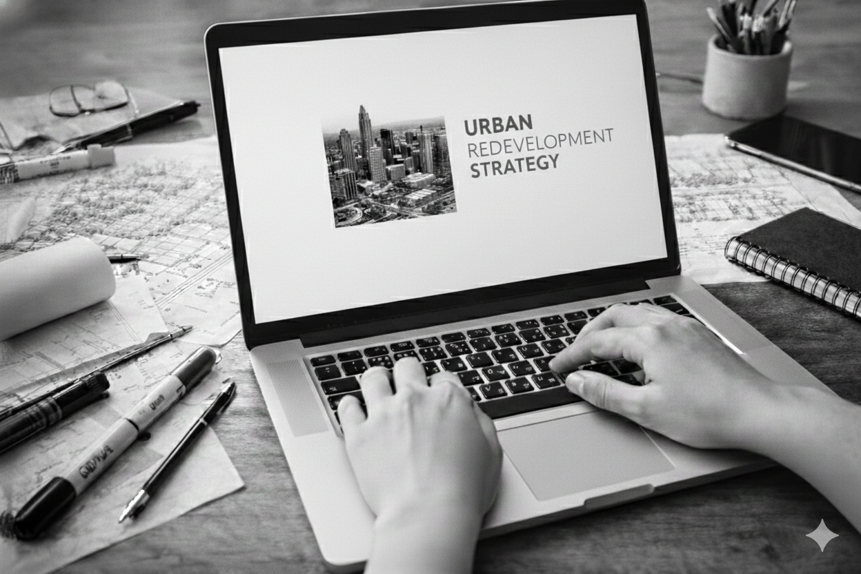 A person working on a laptop with a presentation titled "Urban Redevelopment Strategy" on the screen, surrounded by architectural plans, pens, a notebook, and a cup of pens.