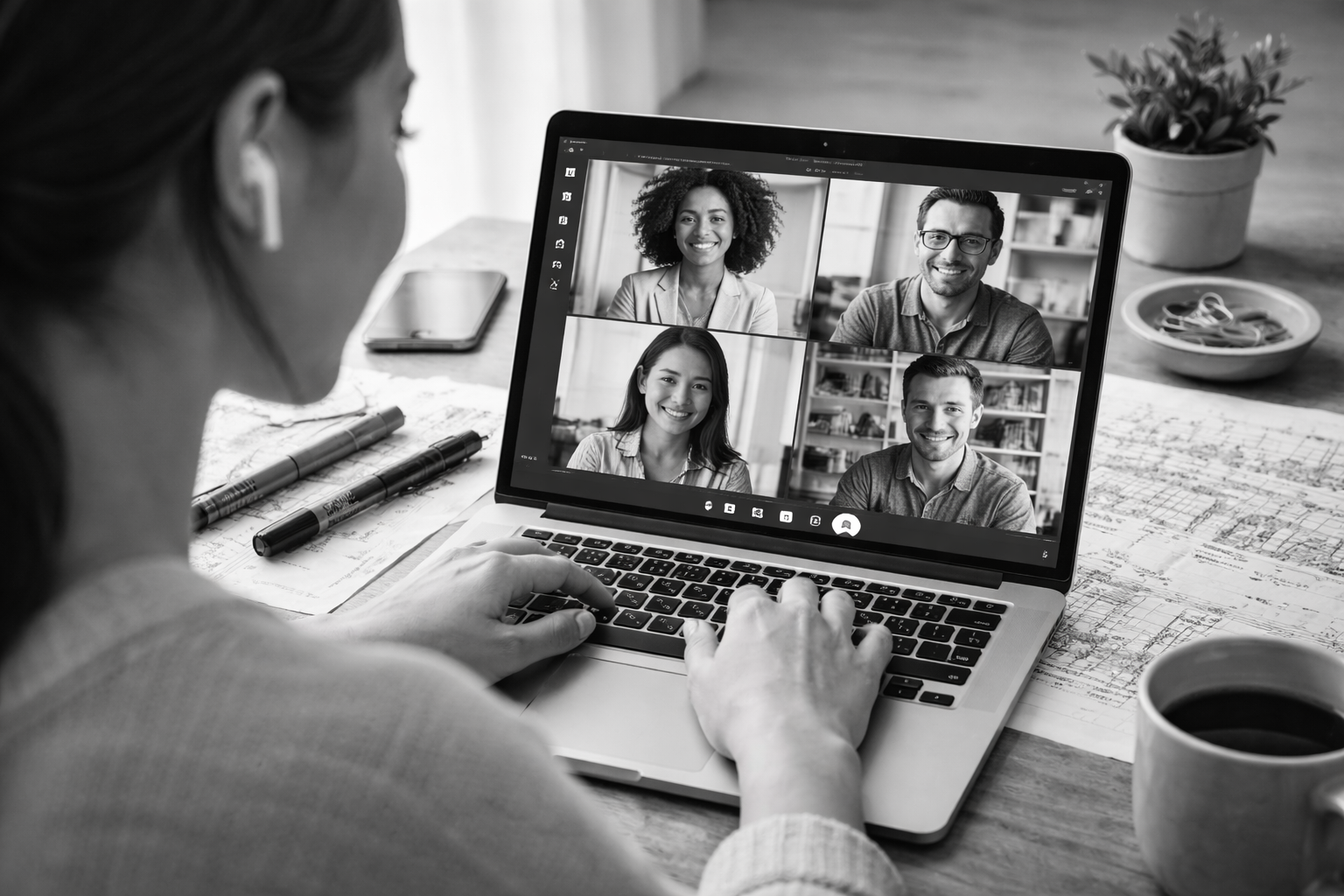 A woman taking part in a video conference call on a laptop with four participants, in a workspace with a mug, pens, paper, and a small plant on the desk.
