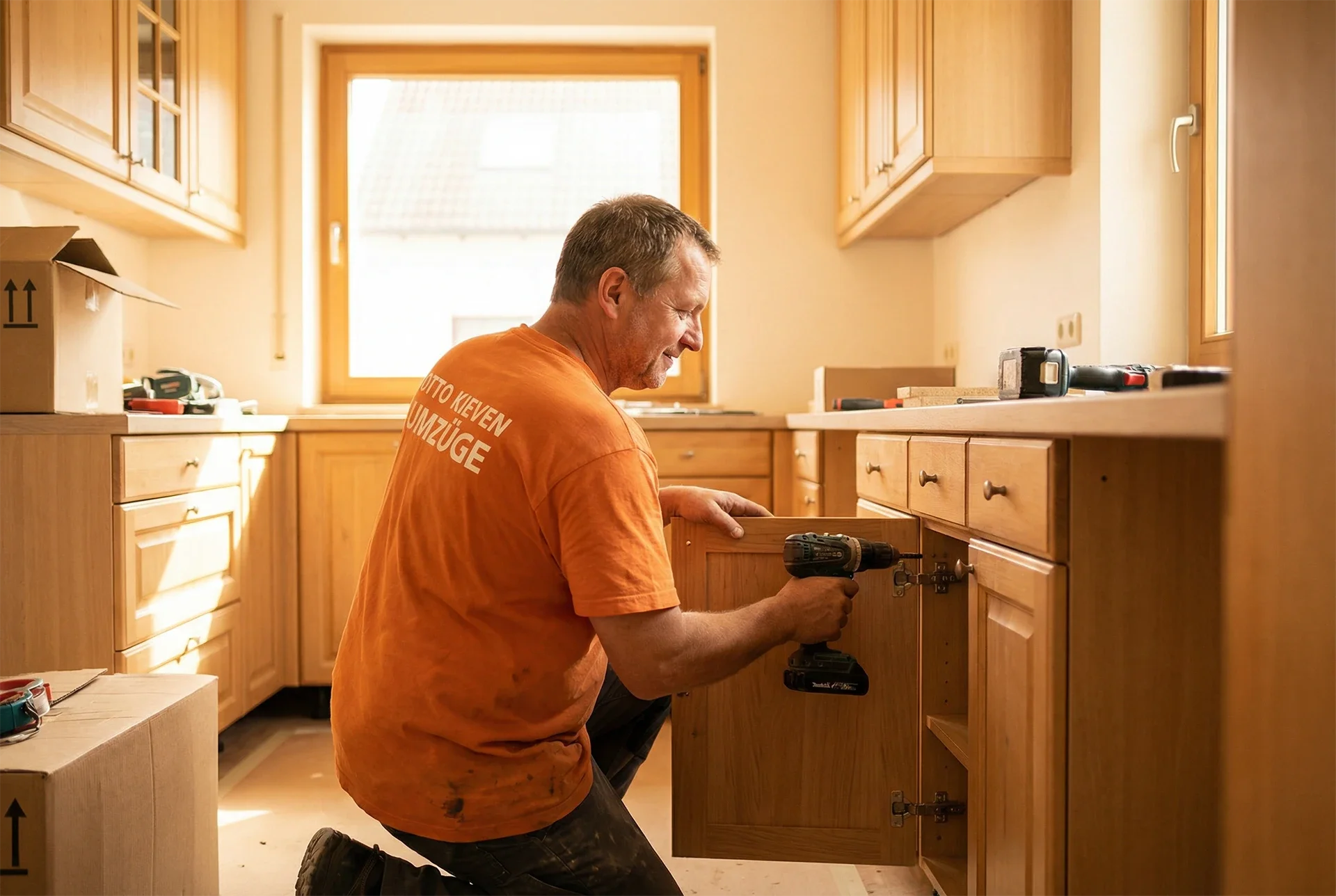 Ein Handwerker installiert eine Küchenschublade mit einem Akku-Bohrer in einer Holzküche.