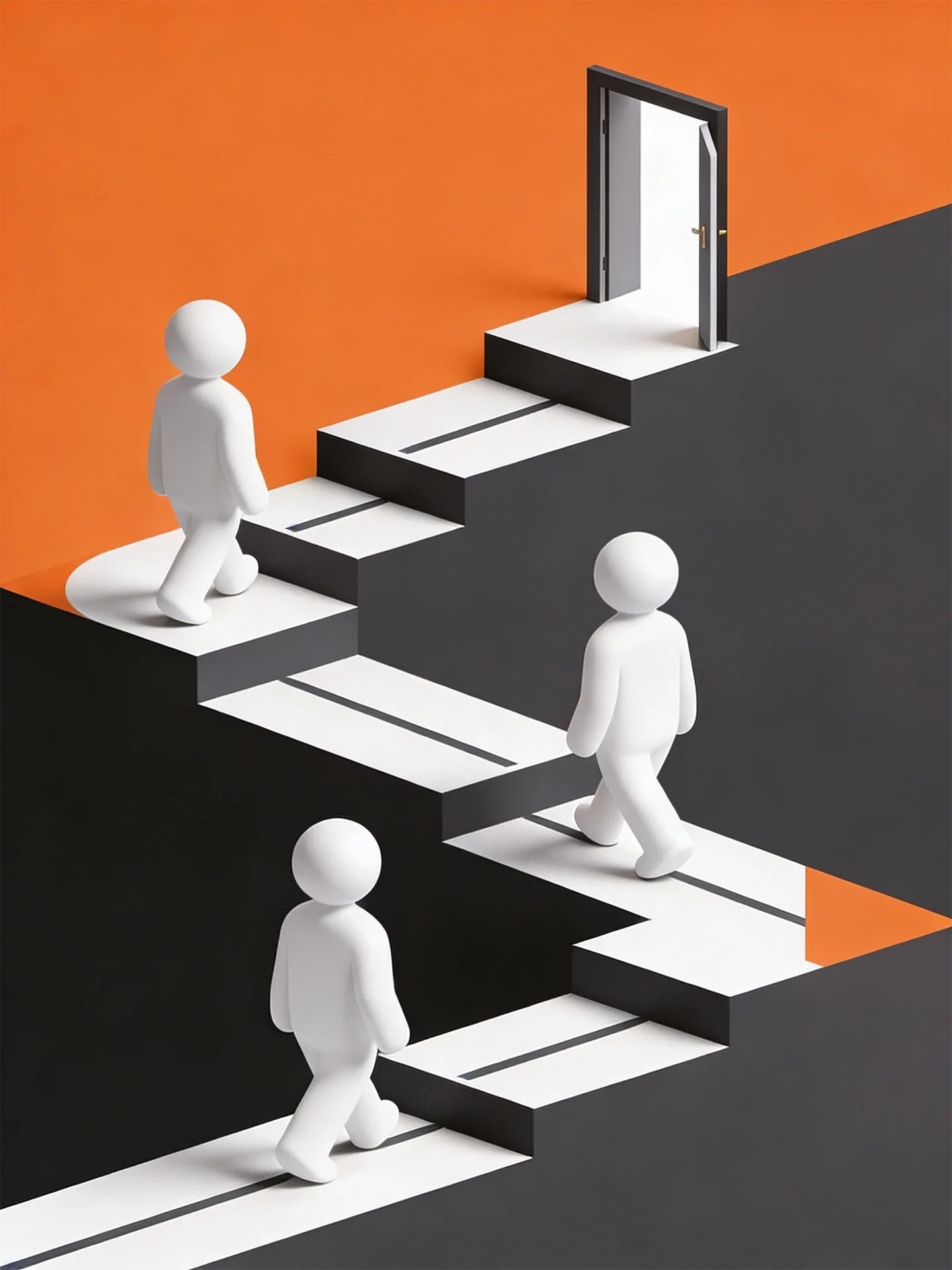 Kunstvolle Illustration mit weißen Figuren, die eine Treppe hinauf und hinunter gehen, und einem offenen Türrahmen auf einer erhöhten Plattform, mit orange- und schwarzfarbenem Hintergrund.