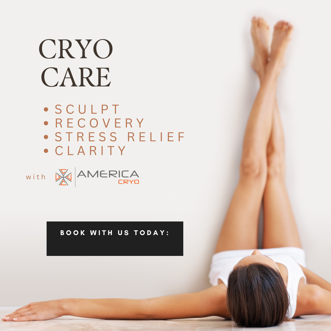 A woman lying on the floor with legs crossed and arms extended, promoting CryoCare services for sculpting, recovery, stress relief, and clarity, with a minimalistic design and text overlay.