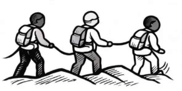 Three hikers with backpacks walking in a line on a trail.