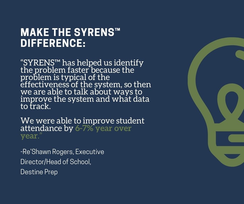 A digital graphic with the title 'Make the SYRENS™ difference' and a quote about the effectiveness of the SYRENS™ system in improving student attendance by 6-7% year over year, attributed to Re'Shawn Rogers, Executive Director/Head of School at Destine Prep.
