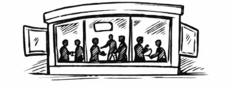 Line drawing of people shaking hands and talking in a conference room.