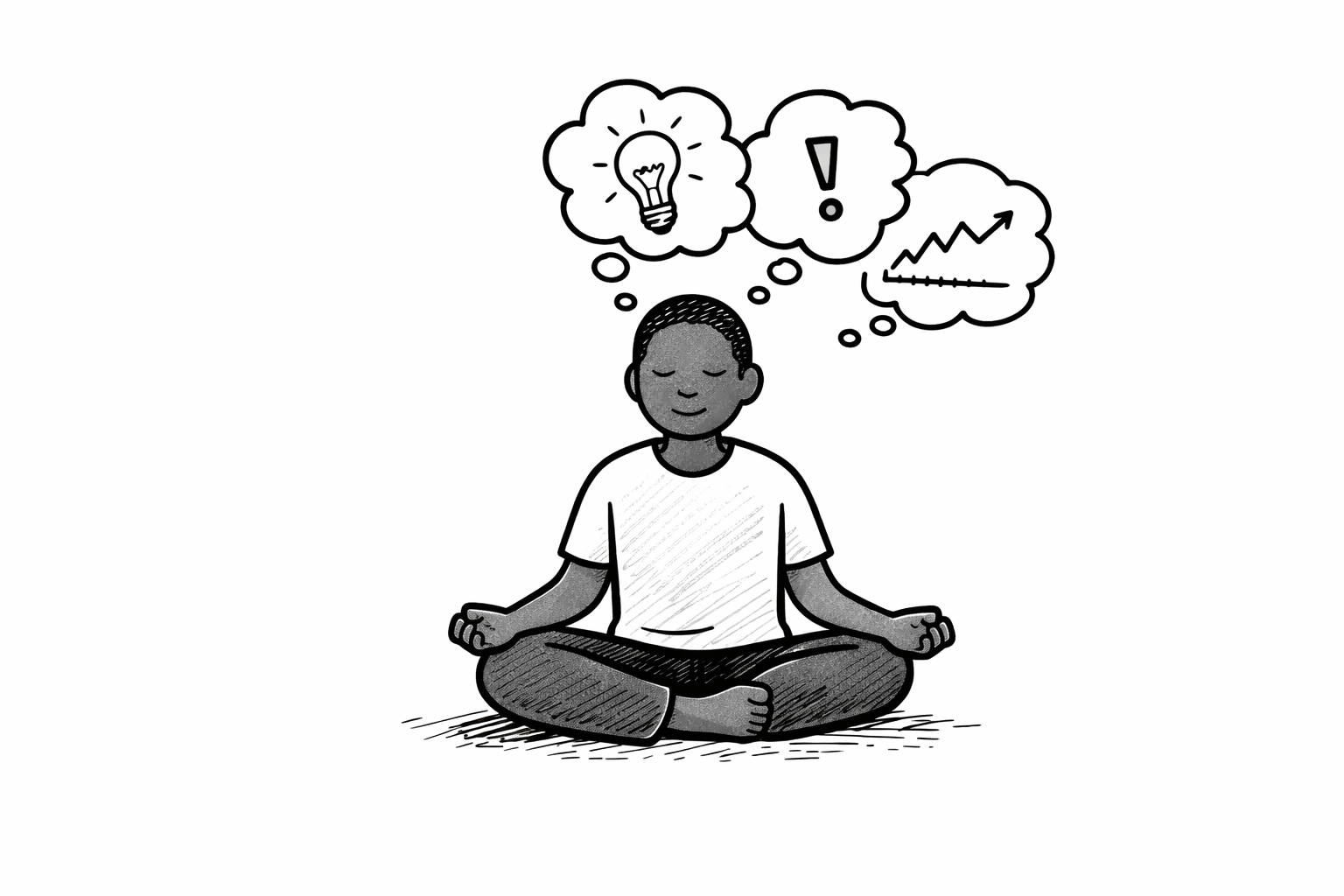 A person sitting cross-legged in a meditation pose with eyes closed, surrounded by thought bubbles containing a lightbulb, exclamation mark, and a graph