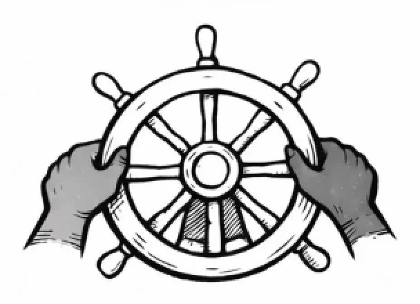 Two hands holding a ship's steering wheel.