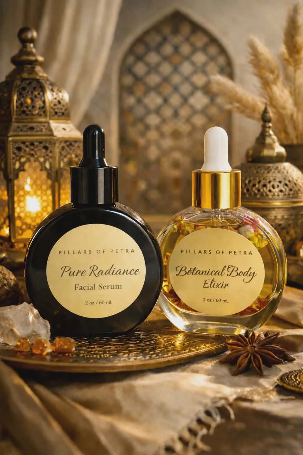 Beauty products on a decorative tray with ornate lanterns, dried plants, and star anise in a warm, Moroccan-inspired setting.