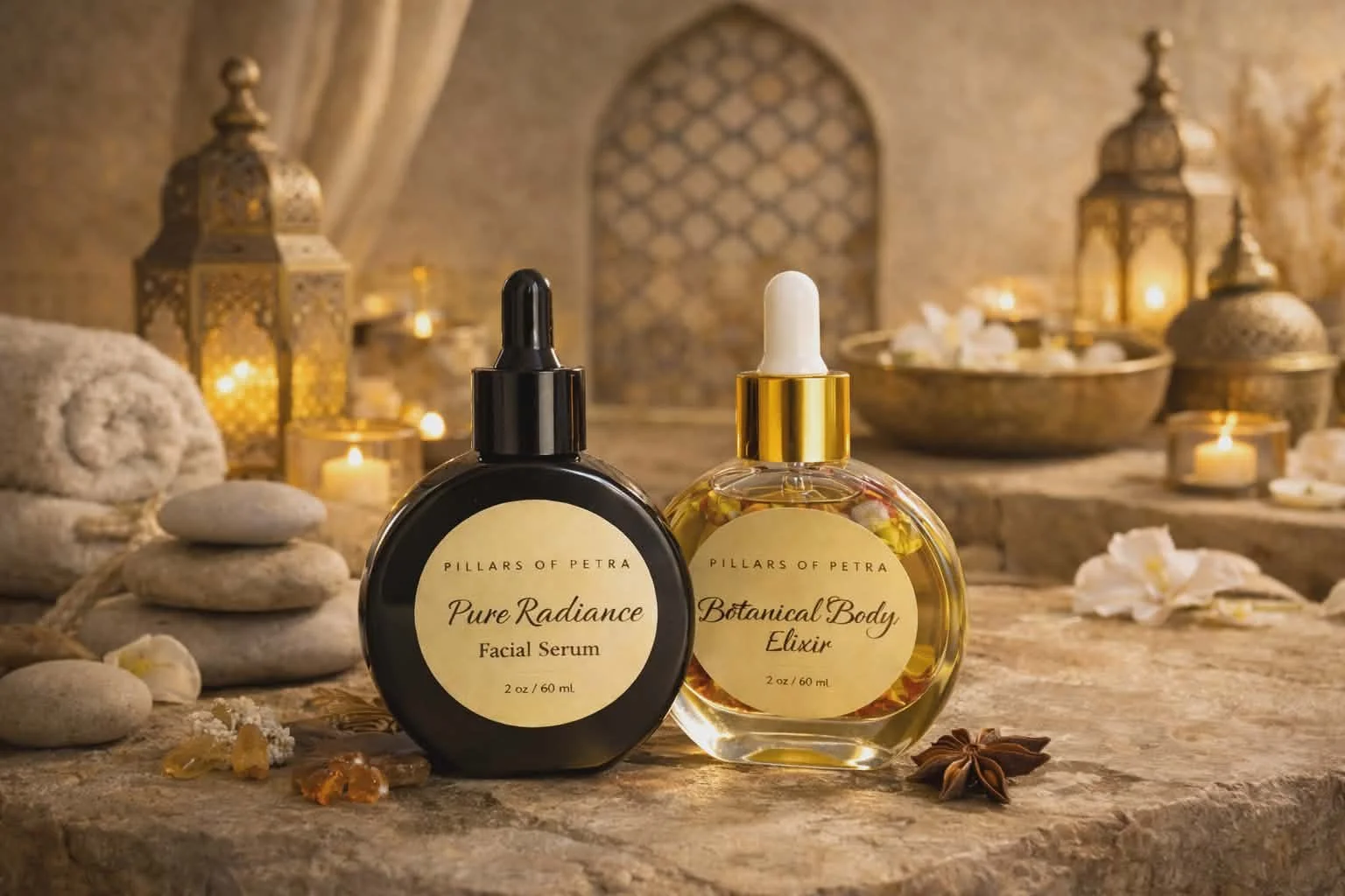Two skincare products, a black bottle labeled 'Pure Radiance Facial Serum' and a clear bottle labeled 'Botanical Body Elixir,' sit on a textured stone surface surrounded by spa-like decorations including candles, rolled towels, stones, star anise, and dried flower petals, with a warm, ambient background featuring lanterns and a decorative wall pattern.