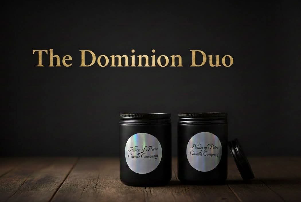 Two black jars with holographic labels on a wooden surface, with one jar's lid off. Text above reads "The Dominion Duo."