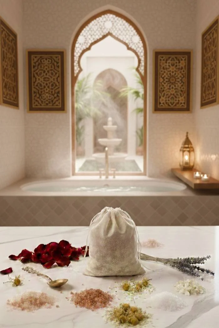 Spa setting with a small drawstring bag and various dried flowers and salts on a table, with a bathtub, fountain, and ornate architectural details in the background.