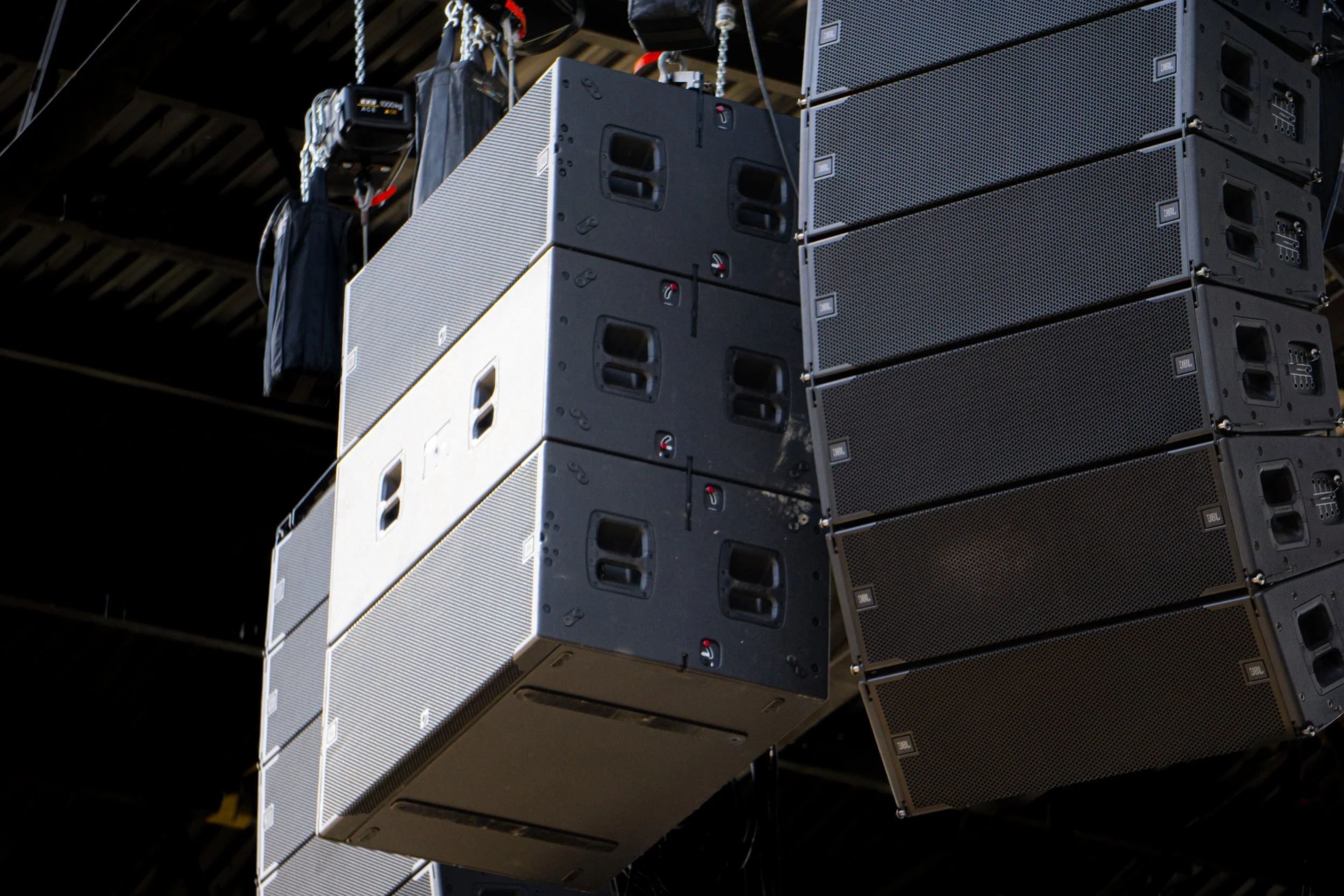 JBL line array hanging at a concert facility