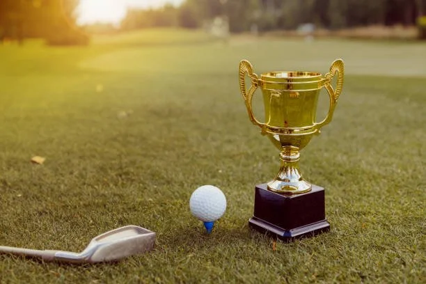A golf club, a golf ball on a tee, and a trophy placed on a golf course grass.