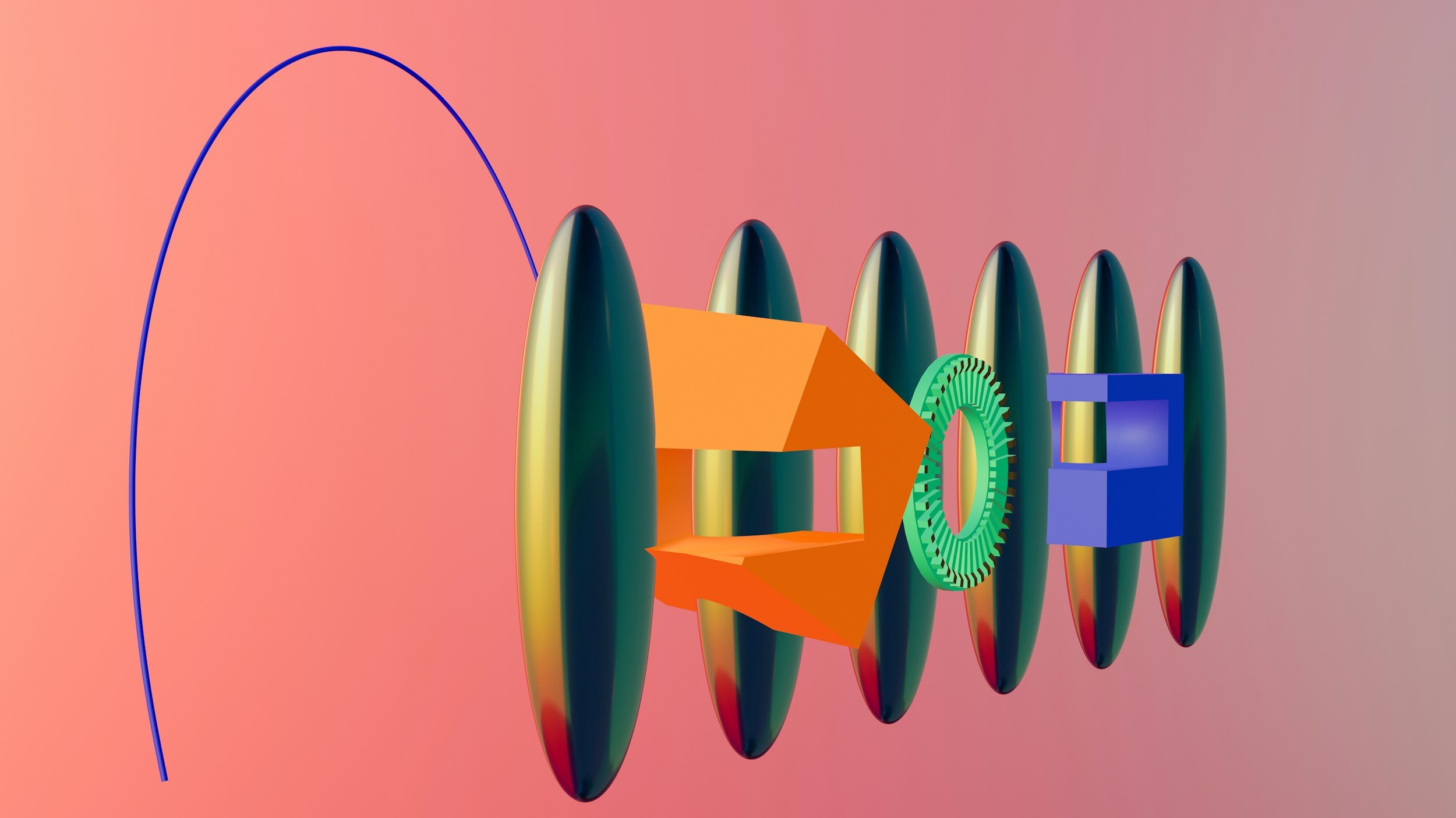 Illustration depicting a laser beam passing through various optical components, including lenses, a mirror, and a beam splitter, with a pink gradient background.