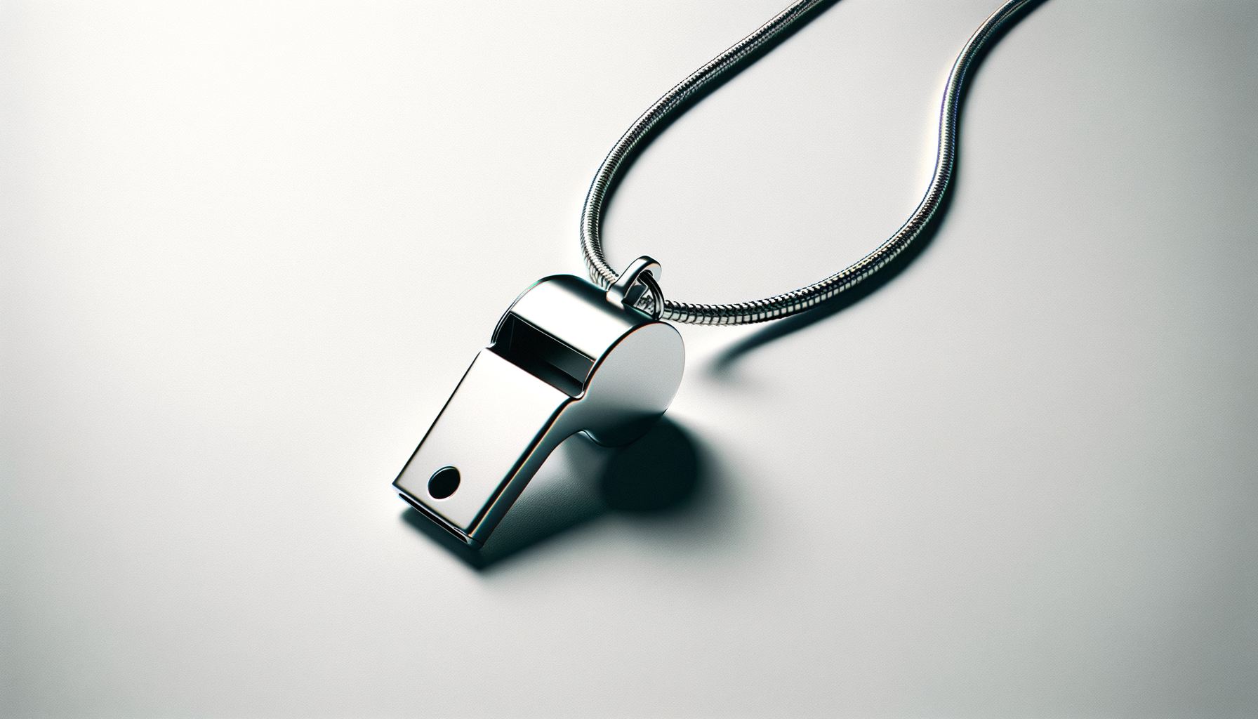 Close-up of a silver whistle necklace on a plain white surface.