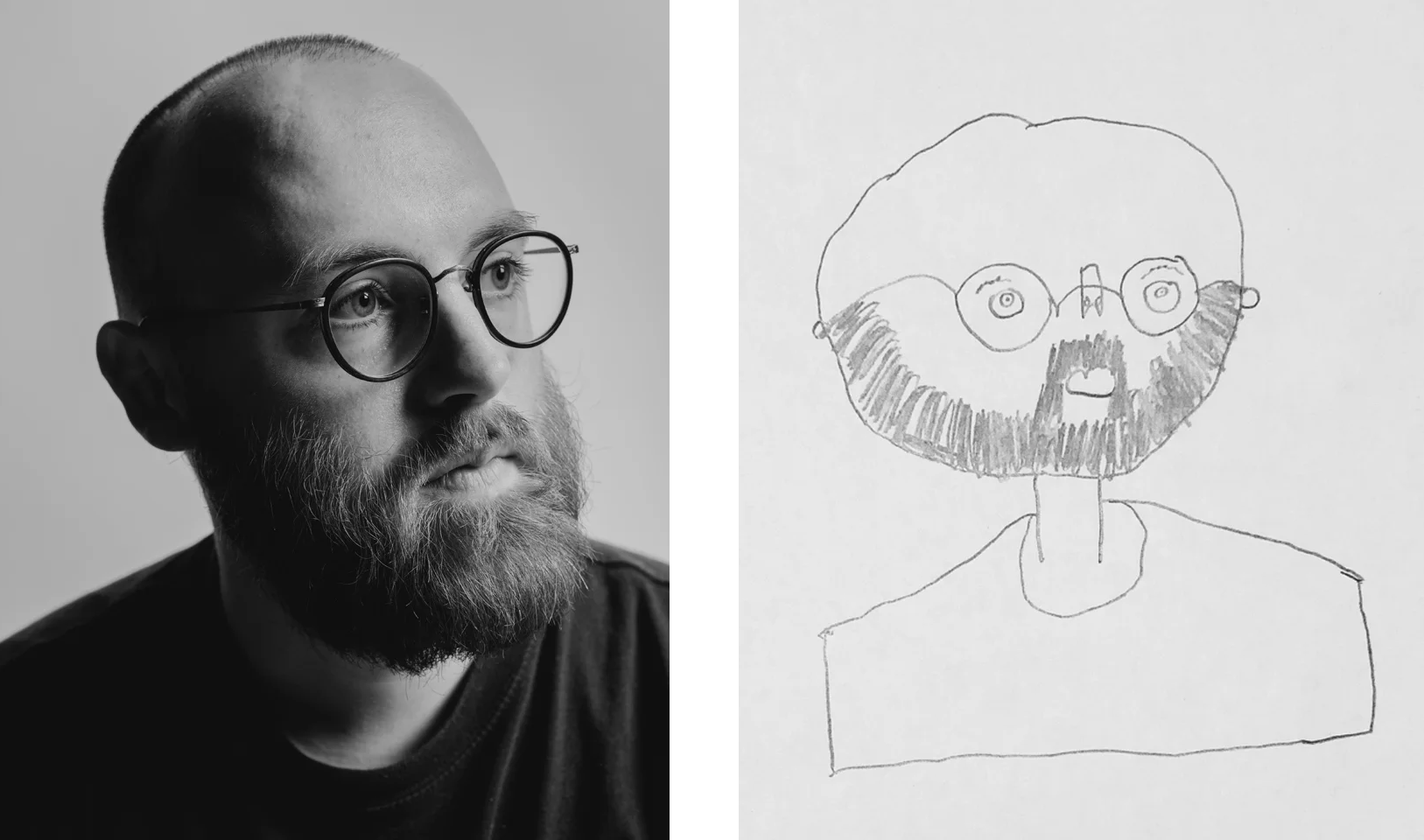 A split image with a black-and-white photograph of a bearded man wearing glasses on the left, and a child's pencil drawing of a person with glasses and a beard on the right.