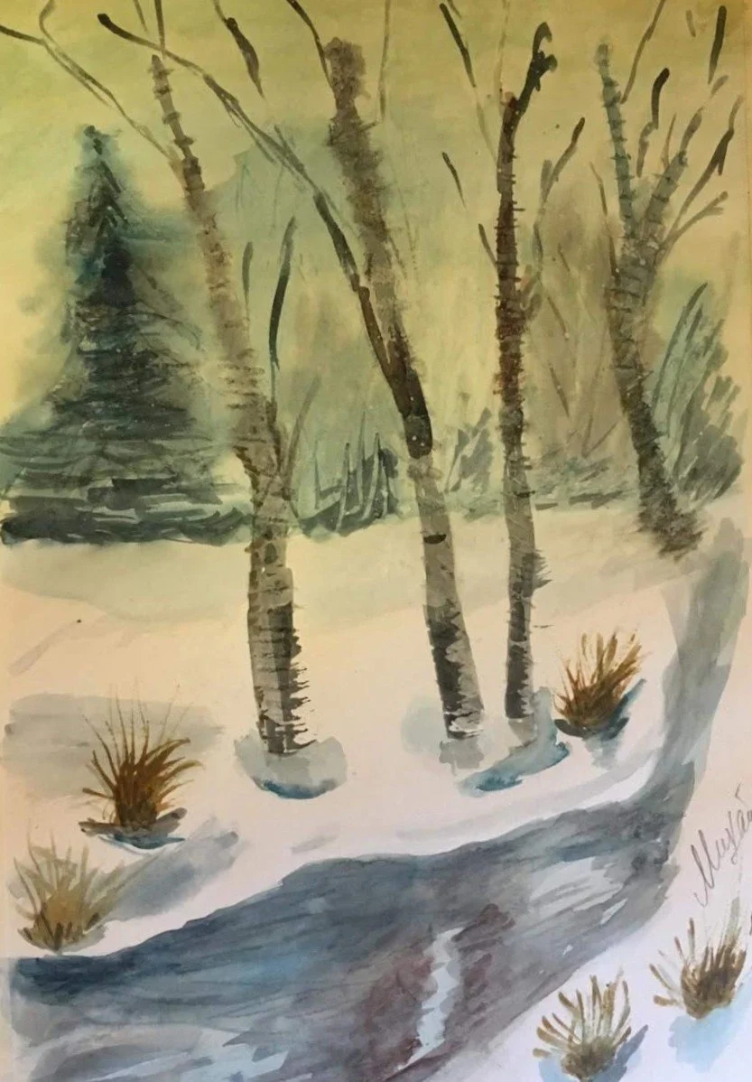 Serene Winter Forest Watercolor Painting