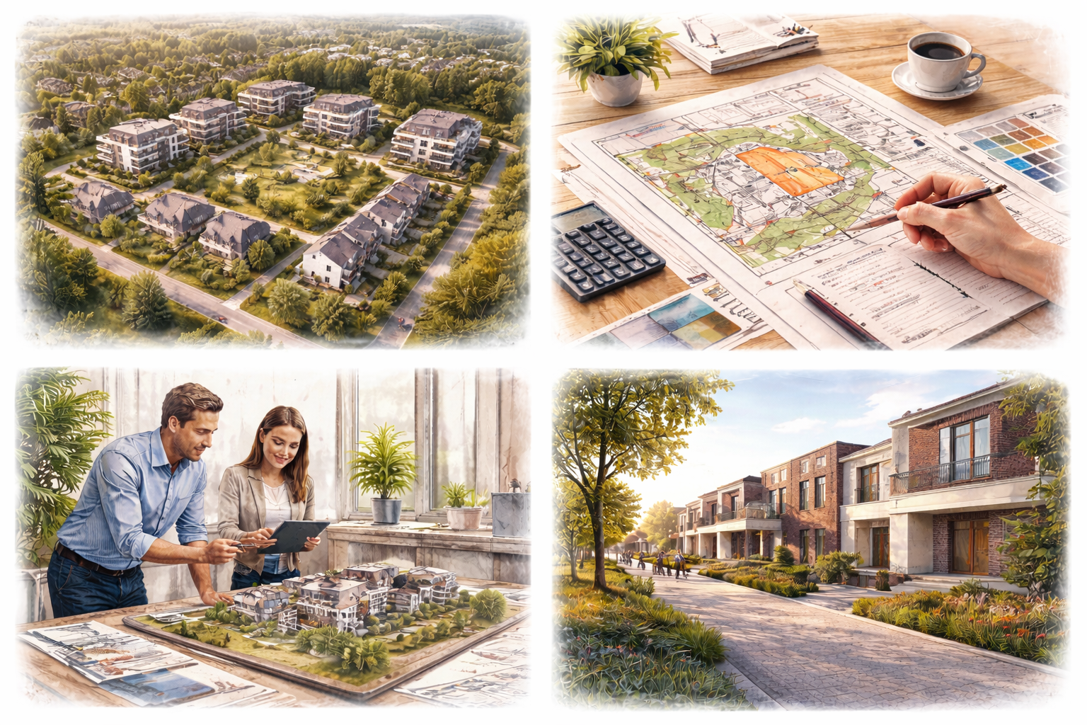 Vier Bilder, die Architektur und Wohnungsplanung zeigen: Oben links eine Luftaufnahme eines Wohngebietes mit modernen Häusern. Oben rechts eine Hand, die einen Bauplan zeichnet, mit Kaffeetasse, Pflanzen und Farbskalen am Tisch. Unten links zwei Personen beim Betrachten eines architektonischen Modells auf einem Tisch, die einen urbanen Wohnkomplex diskutieren. Unten rechts ein Wohngebiet mit modernen Reihenhäusern, umgeben von Bäumen und Sonne, das eine ruhige, gepflegte Nachbarschaft zeigt.