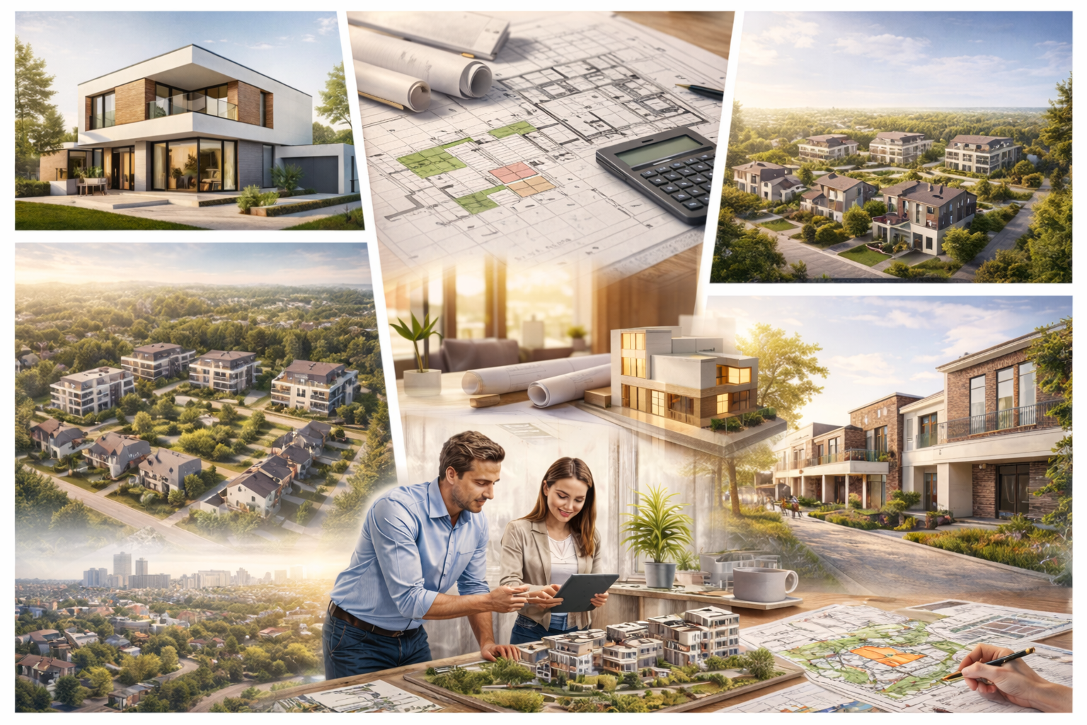 Verschiedene Szenen von Architektur- und Stadtplanungsprojekten, einschließlich 3D-Modelle, Baupläne, Luftaufnahmen von Wohngebieten und einem Meeting mit Architekten bei der Besprechung eines Bauprojekts.