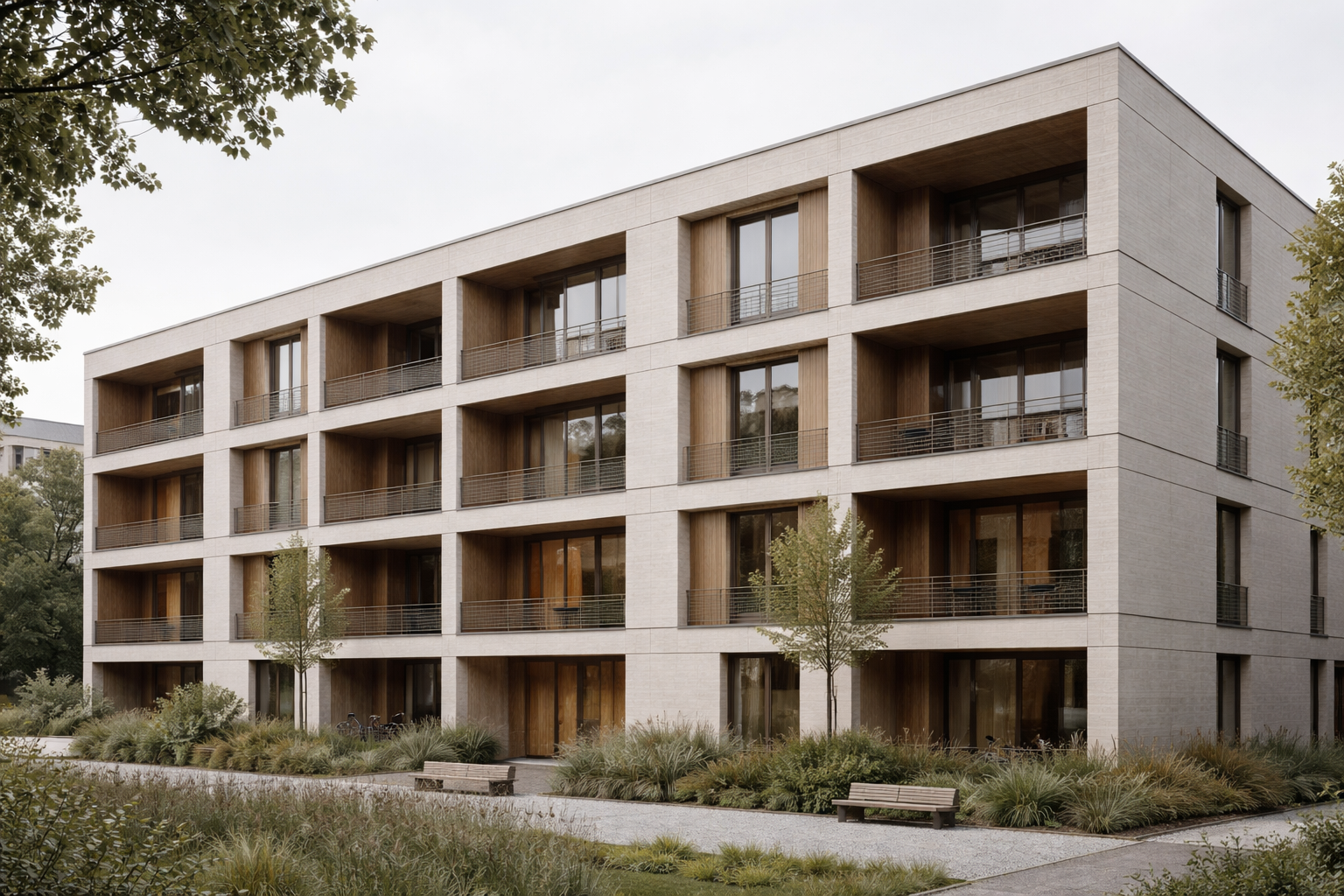 Moderner, vierstöckiger Wohnblock mit Balkonen und großen Fenstern, umgeben von Bäumen, Bänken und gepflegtem Garten.