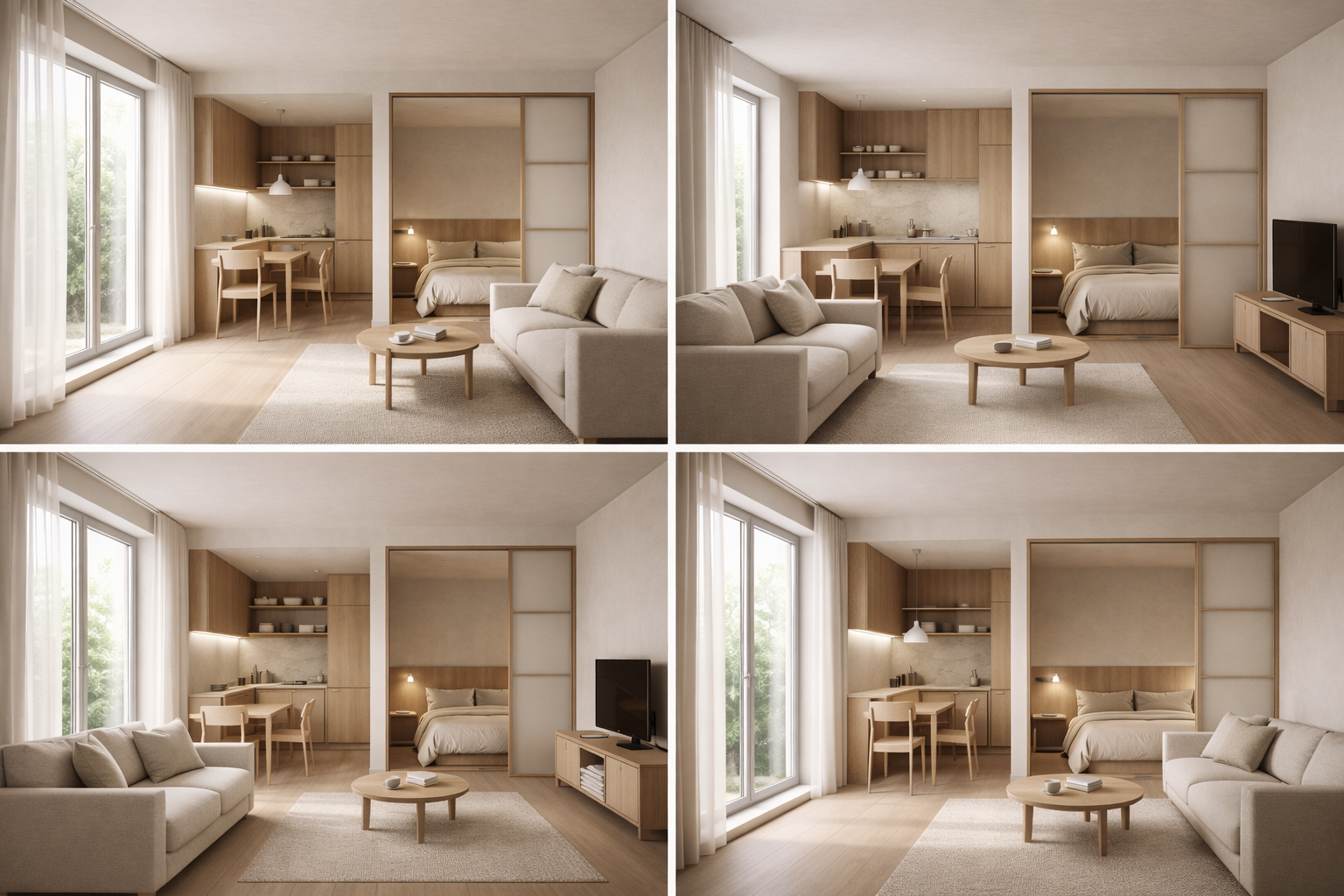 Moderne, minimalistisch eingerichtete Wohnung mit hellen Möbeln, großen Fenstern mit weißen Vorhängen, offener Küche, Wohnzimmer mit Sofa und Couchtisch, Schlafzimmer mit Bett, TV auf lowboard, und Weitblick nach draußen