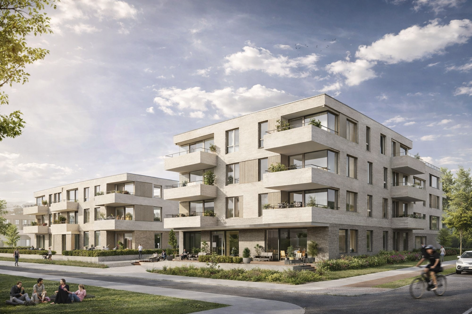 Moderne mehrstöckige Wohnanlage mit Balkonen, umgeben von Grünflächen, Menschen, die sich im Park entspannen, und Radfahrer auf dem Weg.