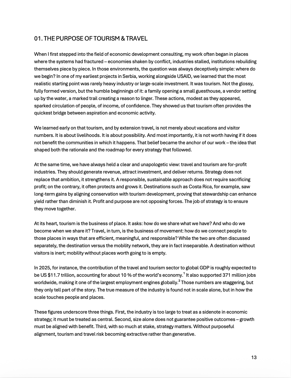 Excerpt from the book "Tourism That Matters" titled 'The Purpose of Tourism & Travel' discussing tourism's impact on economies, sustainability, and strategy.