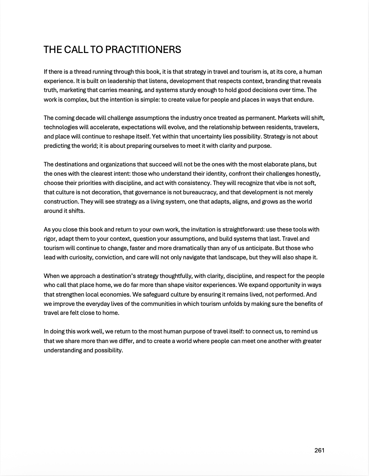 Page from the book "Tourism That Matters" titled 'The Call to Practitioners' with text discussing leadership, travel, tourism, and accountability.