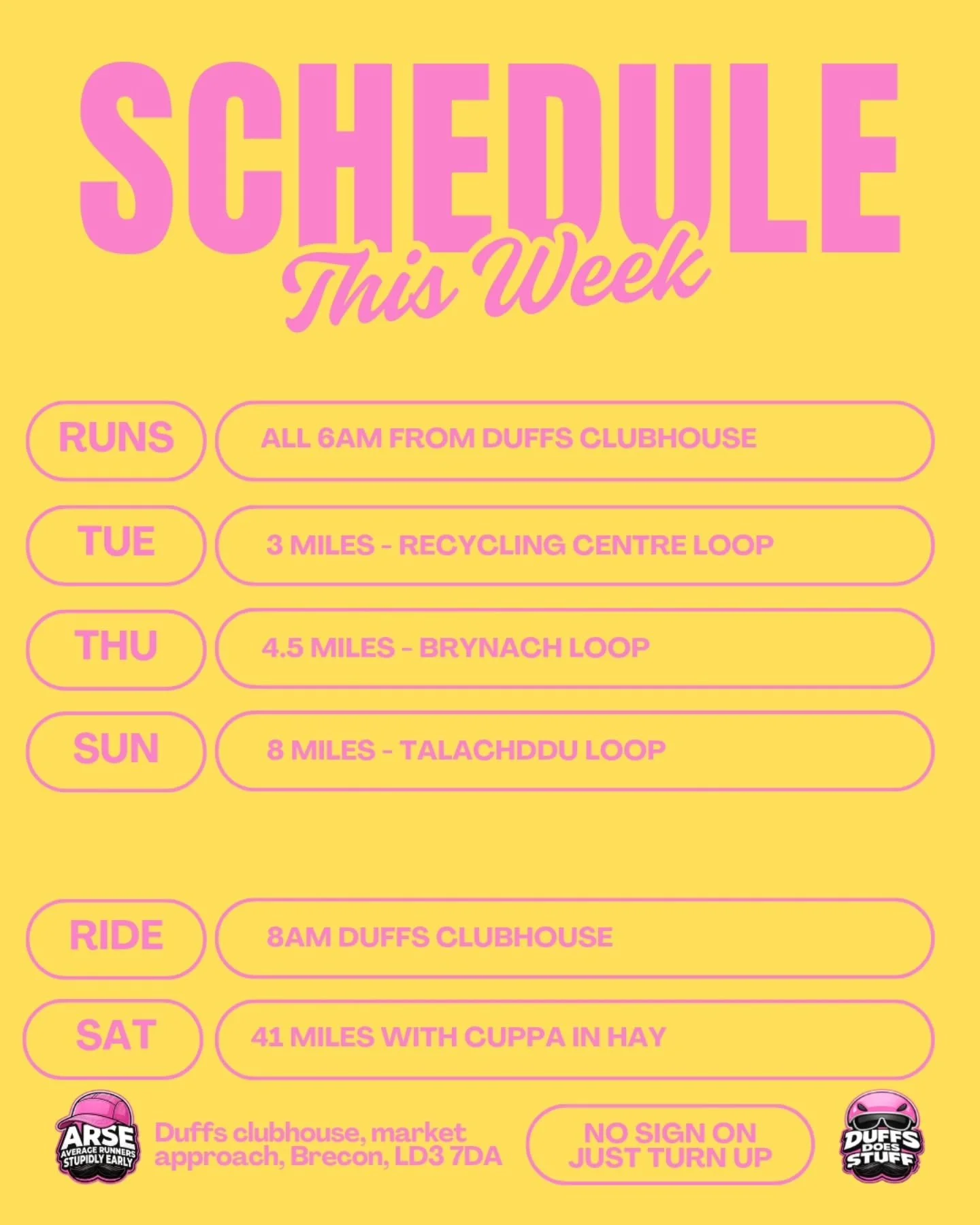 Here's what's on this week 👇

🏃 Tuesday - 6am 3 mile Recycling Centre Loop

🏃 Thursday - 6am 4.5 mile Brynach Loop

🚴 Saturday - 8am 41 mile social ride to Hay. Coffee stop included because we're athletes now apparently.

🏃 Sunday - 6am 8 mile T