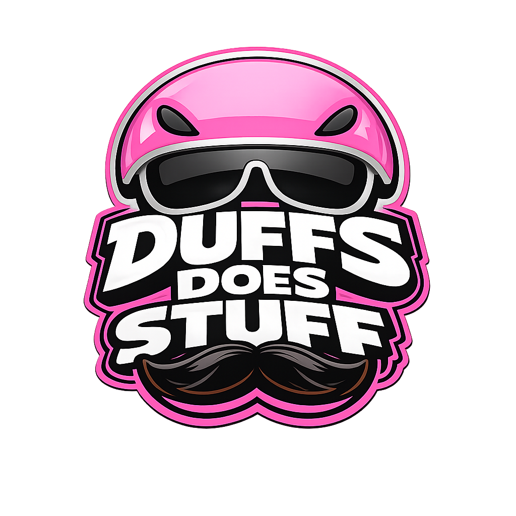 A stylized graphic featuring a pink helmet with black goggles and a mustache, with bold text saying 'DUFFS DOES STUFF' in white and black, outlined with pink glow.