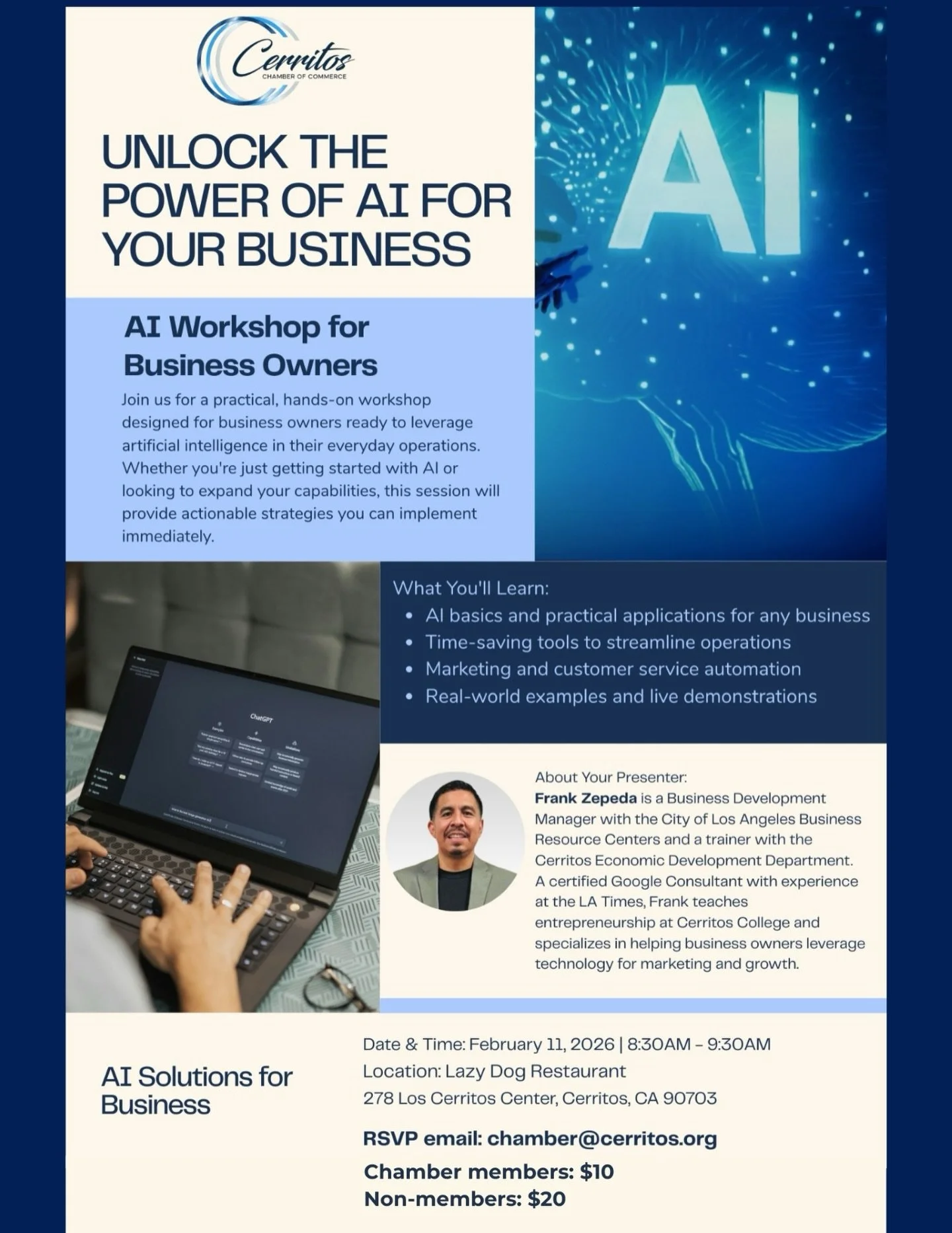 🤖✨ Unlock the Power of AI for Your Business

AI doesn&rsquo;t have to be complicated. Join us for a hands-on workshop designed for business owners who want practical, real-world AI tools they can start using right away.

✔ AI basics for business
✔ T