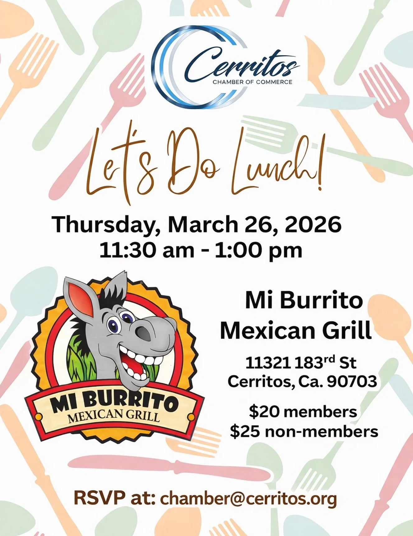 🌮 Let&rsquo;s Do Lunch!

Join us for networking and great food at Mi Burrito Mexican Grill!
📅 March 26, 2026 | ⏰ 11:30 AM &ndash; 1:00 PM

RSVP: chamber@cerritos.org

#CerritosChamber #NetworkingLunch #BusinessNetworking  #ChamberEvents #MiBurrito