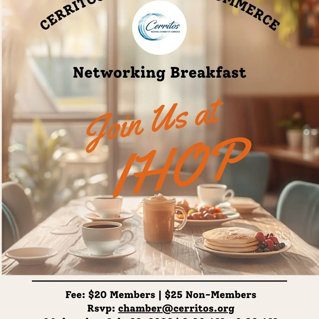 Join us this Wednesday July 22nd for a Breakfast Networking Event at IHop in the Cerritos Town Center. #cerritosregionalchamber #Ihop #networking #businesscardexchange #breakfast #cityofcerritos