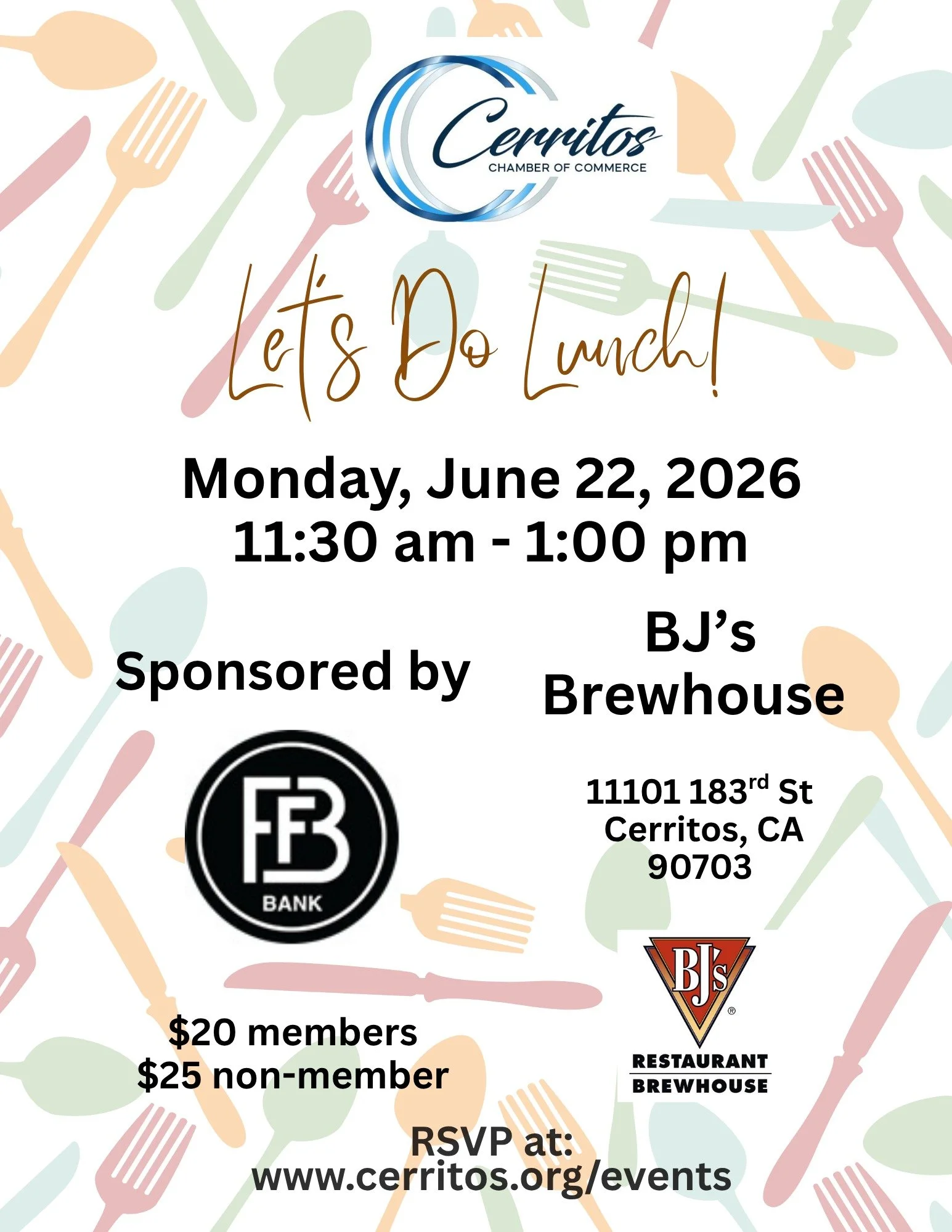 Let&rsquo;s do lunch 🍽️
Join us for a relaxed afternoon of great food and even better connections at the Cerritos Chamber &ldquo;Let&rsquo;s Do Lunch&rdquo; event.

🗓 Monday, June 22, 2026
⏰ 11:30 AM &ndash; 1:00 PM
📍 BJ's Restaurant Brewhouse

Sp