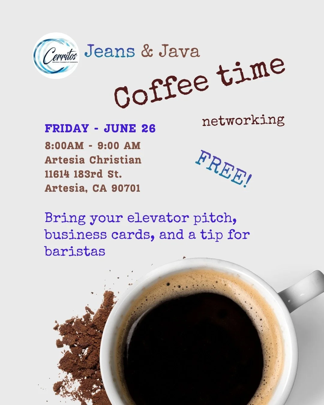 Spread the word! Next Friday, June 26 is our Jeans &amp; Java meet up.

Connect with local businesses and community organizations. Grab a cup of coffee (or tea), meet new connections, discover opportunities, and support our thriving business communit
