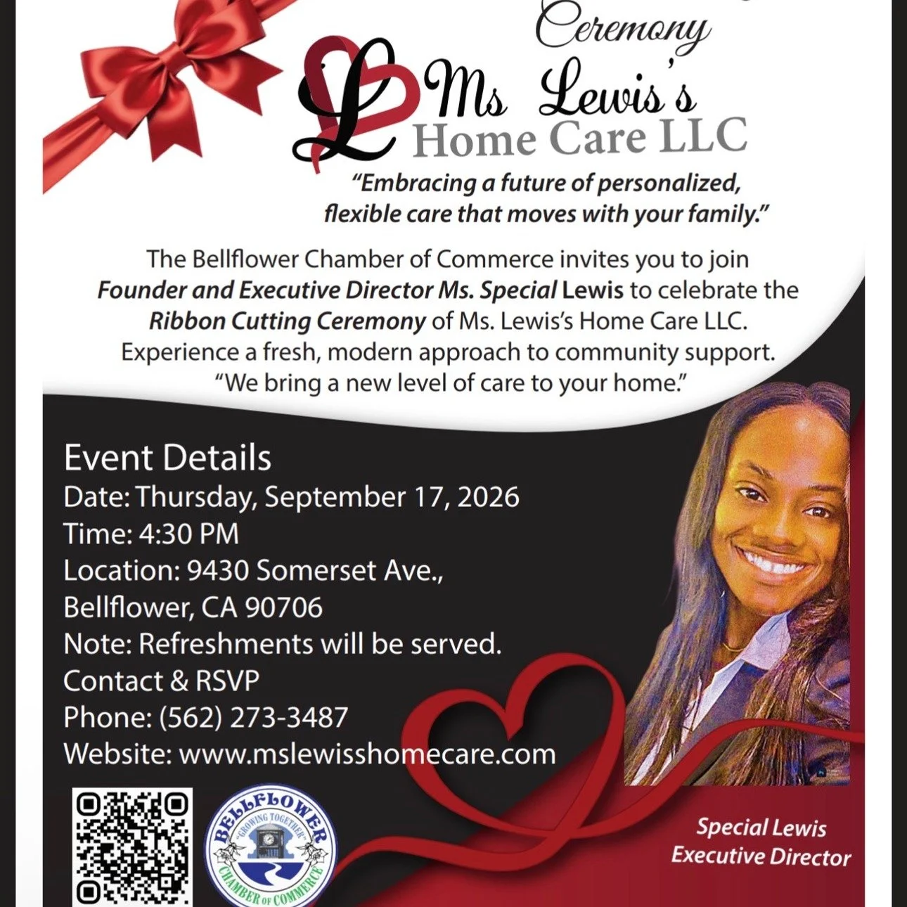 SAVE THE DATE!
Come Celebrate Miss Lewis's Home Care Service Ribbon Cutting Celebration 

Event Details:
Date: September 17, 2026
Time: 4:30 p.m.
Location: Miss Lewis&rsquo;s Office 
 #ribboncutting #bellflowerchamber #cerritoschamber #misslewishomec