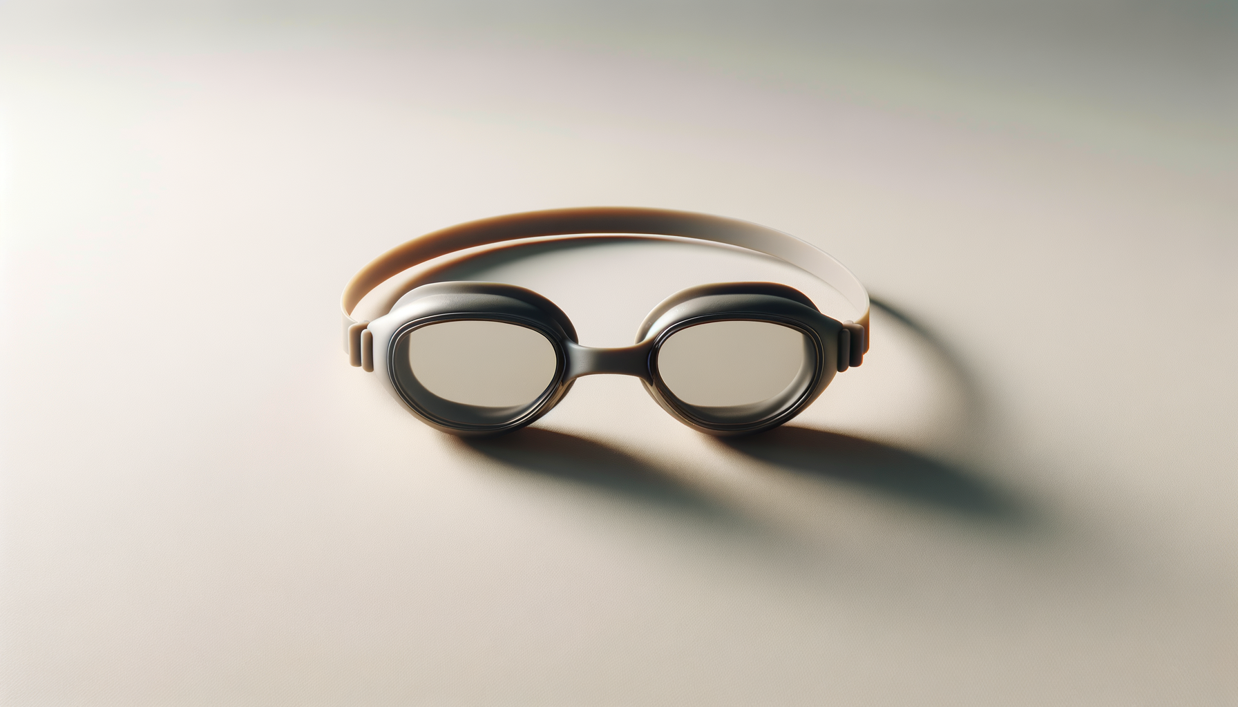Pair of swimming goggles with tinted lenses resting on a light-colored surface.