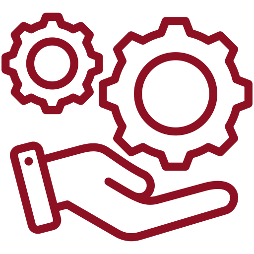 Line drawing of a hand holding two interconnected gears, symbolizing automation or process management.