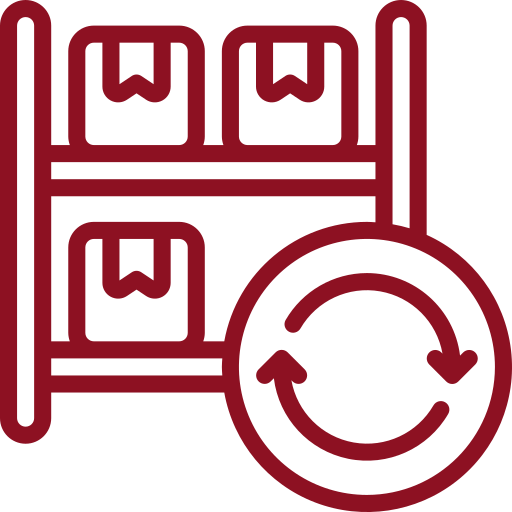 Icon of a shelving unit with boxes and a refresh or reload symbol.