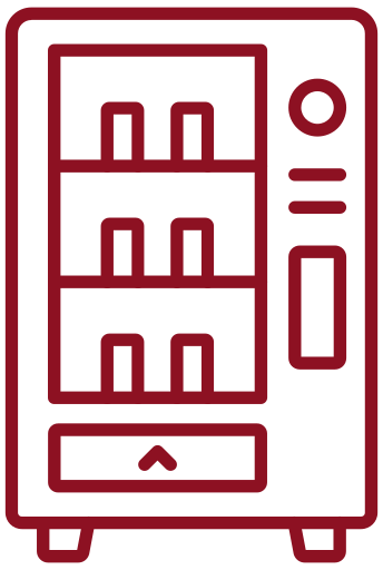 Outline drawing of a vending machine with three rows of snacks and a control panel on the right side.