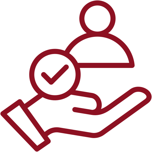 Line drawing of a hand holding a person icon with a check mark.