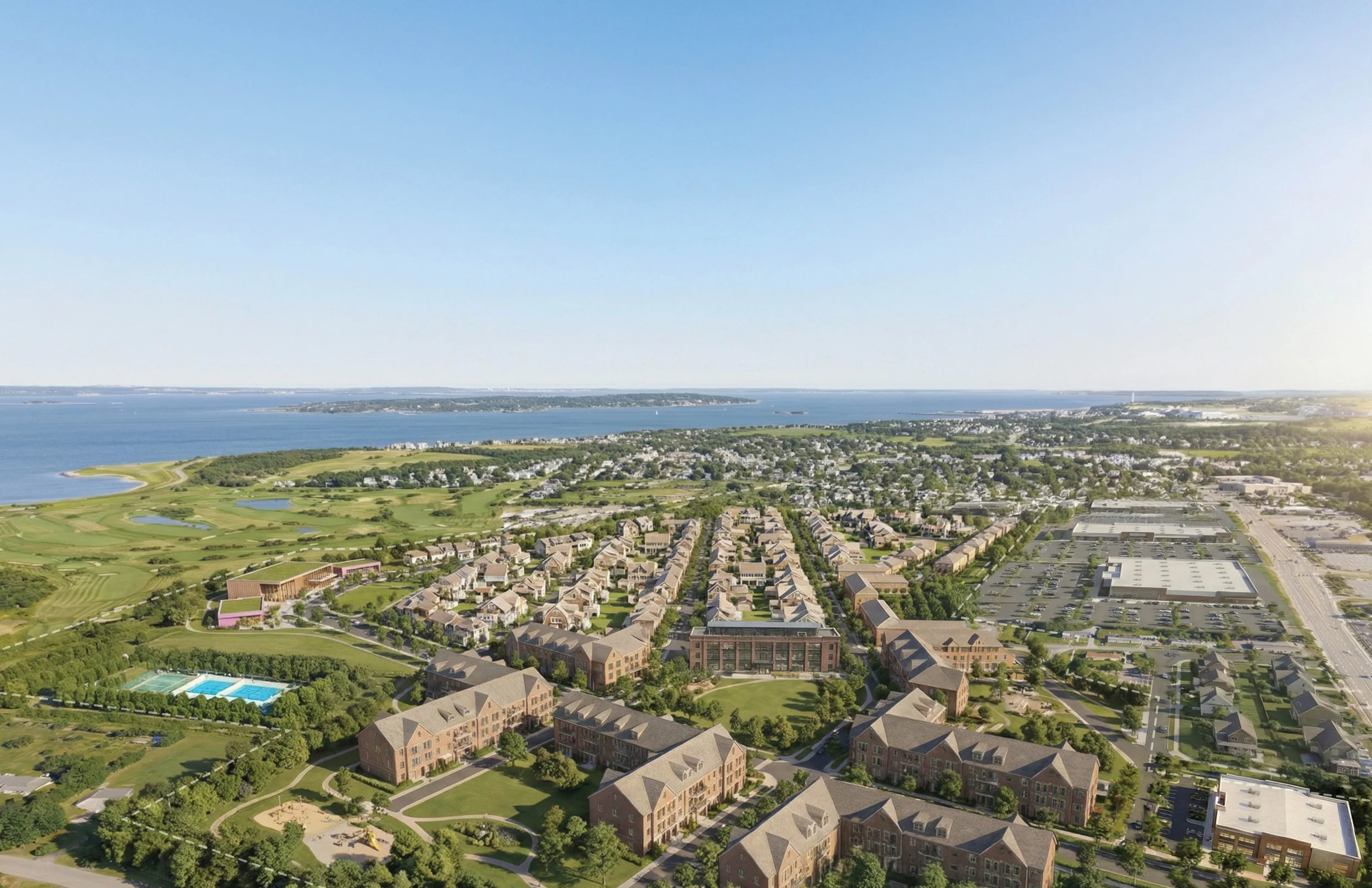 Aerial view of a coastal suburban area with residential buildings, a park with tennis courts, and a golf course, near a large body of water under a clear blue sky. Master Planning, Architecture, Rhode Island, Design, mixed use