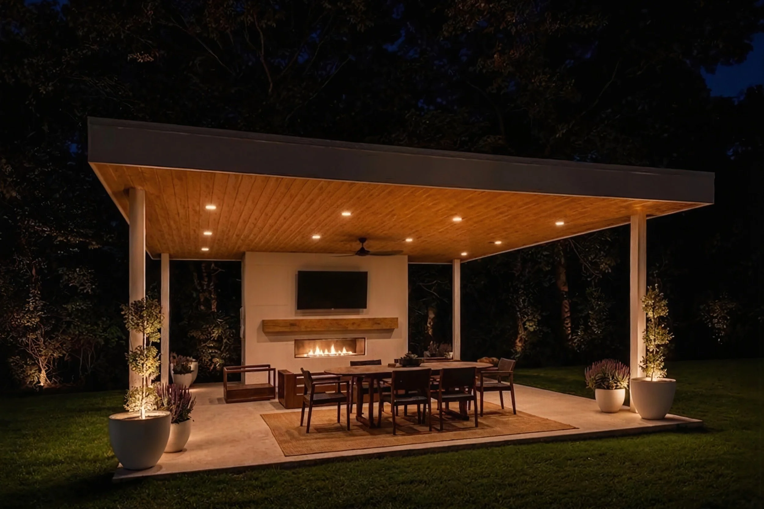 Backyard patio with modern furniture, outdoor fireplace, and built-in grill under a covered pavilion, surrounded by green lawn and trees at sunset. Long Island, New Construction, Architecture, Pool House