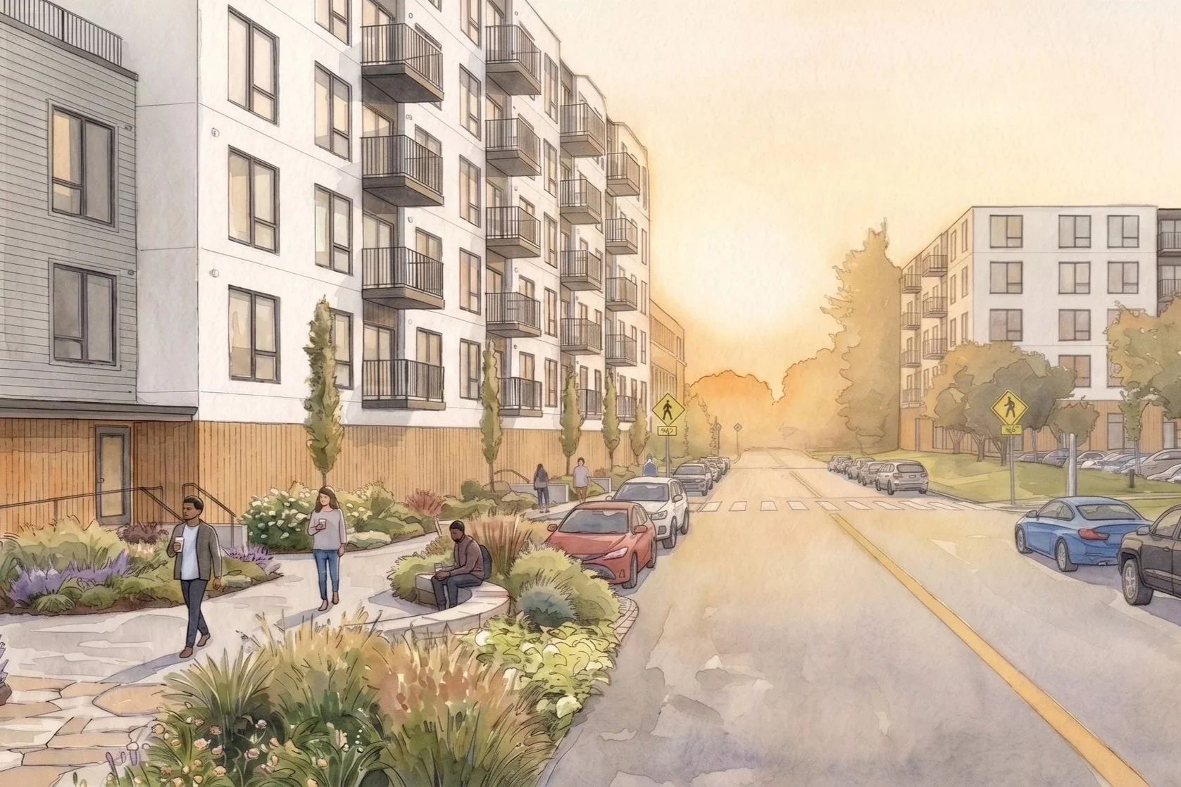 Mutlifamily residential development in Central massachusetts, rendered in architectural water color style