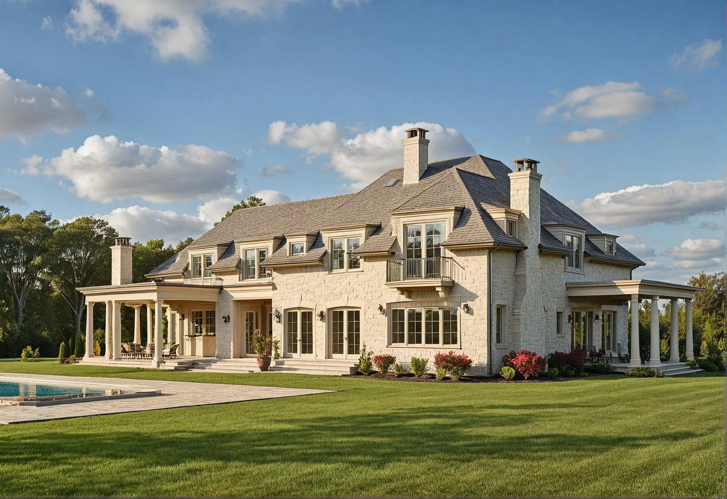 Large luxury house with a stone exterior, multiple chimneys, and a wraparound porch surrounded by a green lawn under a partly cloudy sky. Residential, long island, architecture