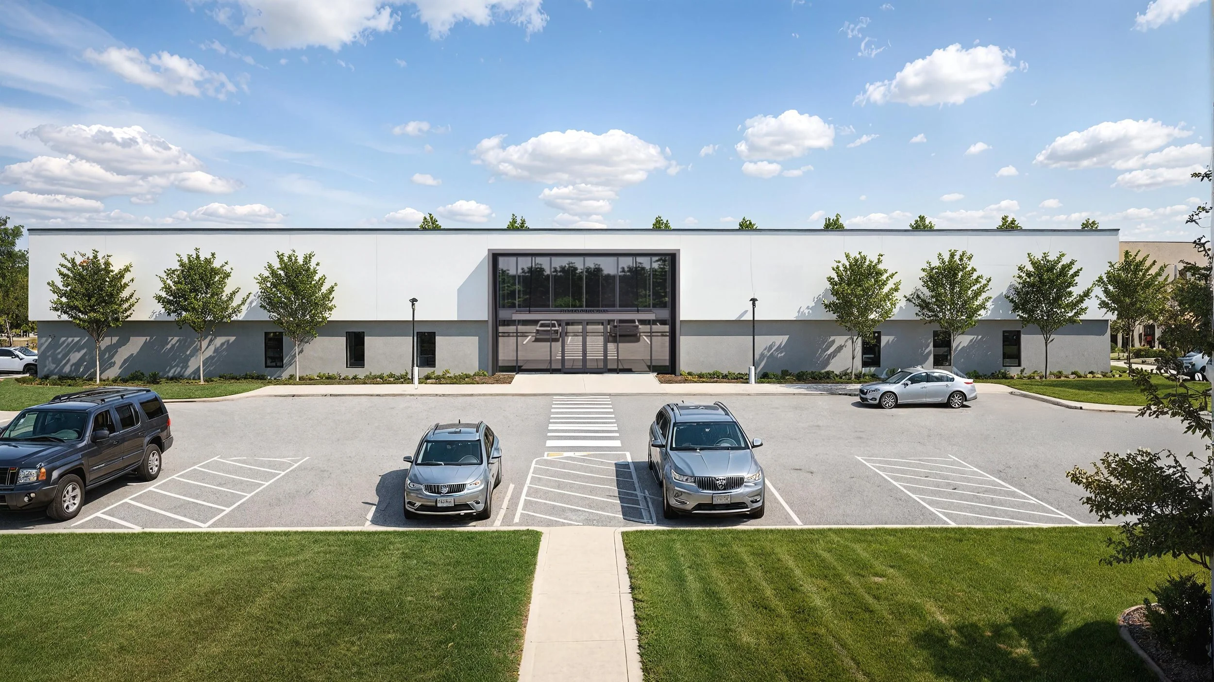 A modern commercial building with trees along the front, parking lot with several parked cars, and a clear blue sky with scattered clouds. Medical Office Repositioning, New York, Architecture