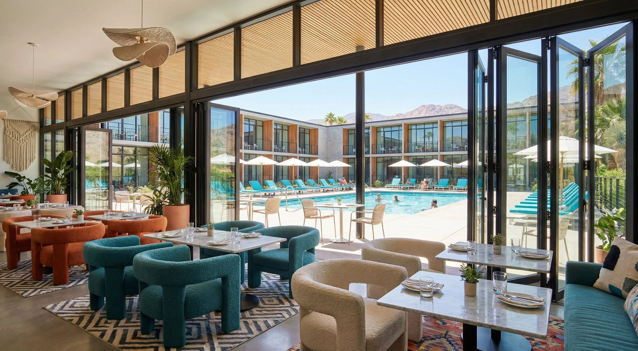 Interior of a modern, stylish restaurant with colorful chairs and tables, looking out through large glass doors at a hotel pool area with lounge chairs, umbrellas, and people swimming, with mountains in the background. California, hospitality, hotel,